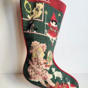 Unique Vintage Christmas Needlepoint Stocking "A Baby Girl Playing Toys"